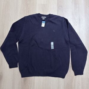 NWT Eddie Bauer Navy Blue V-Neck Sweater 100% Cotton Ribbed Knit L Old Money